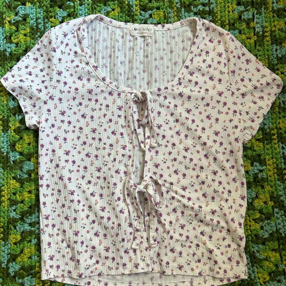 Love Wins Ribbed Floral Tie Front Top
